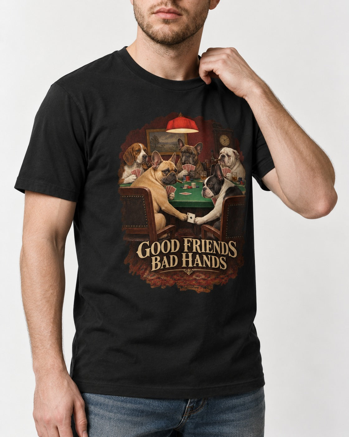 Frenchie Good Friends Bad Hands Poker Graphic T-Shirt in Black, worn by a model, front view