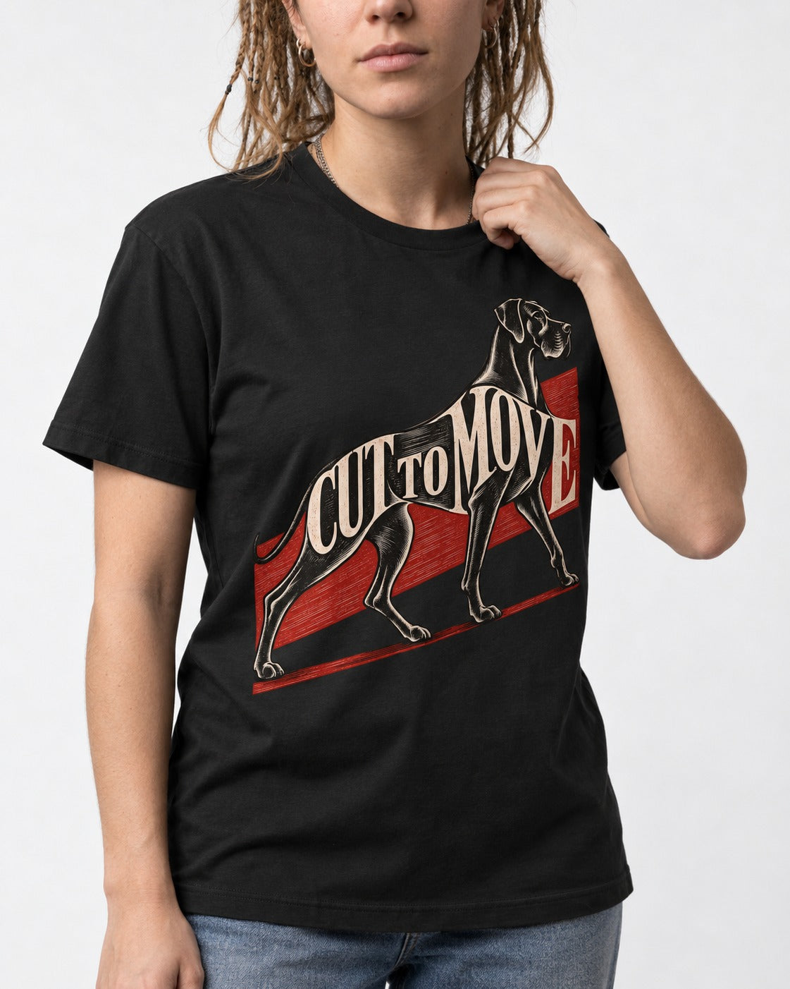 Great Dane Cut to Move Walking Typography Graphic T-Shirt in Black, worn by a model, front view