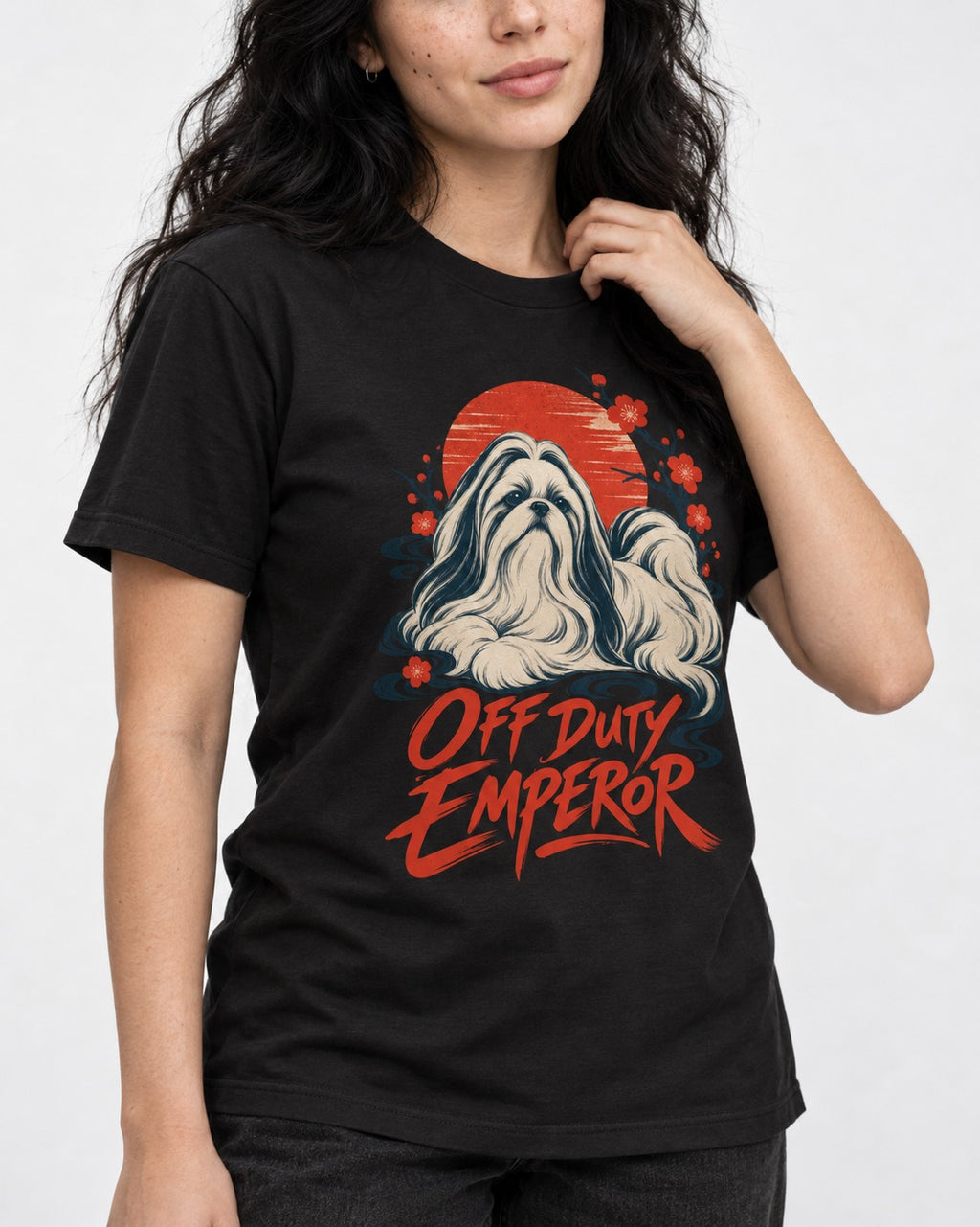 Shih Tzu Off Duty Emperor Sunset Blossom Graphic T-Shirt in Black, worn by a model, front view