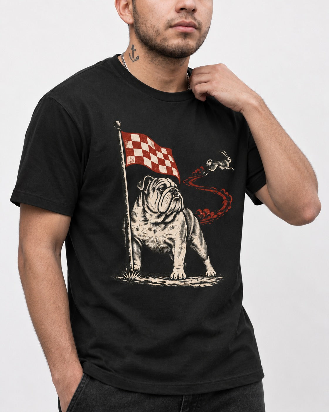 English Bulldog Checkered Flag Rabbit Chase T-Shirt in Black, worn by a model, front view