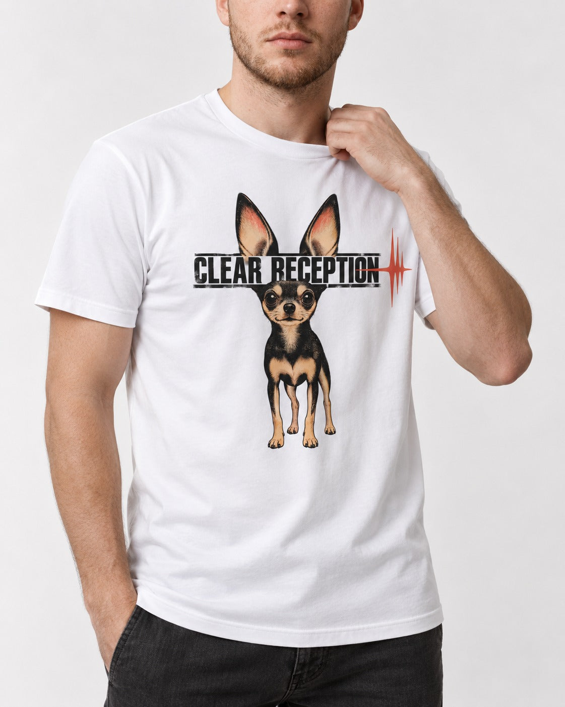 Chihuahua Clear Reception T-Shirt in White, worn by a model, front view