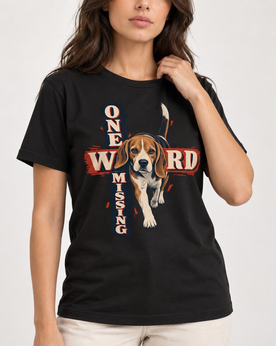 Beagle One Word Missing T-Shirt in Black, worn by a model, front view