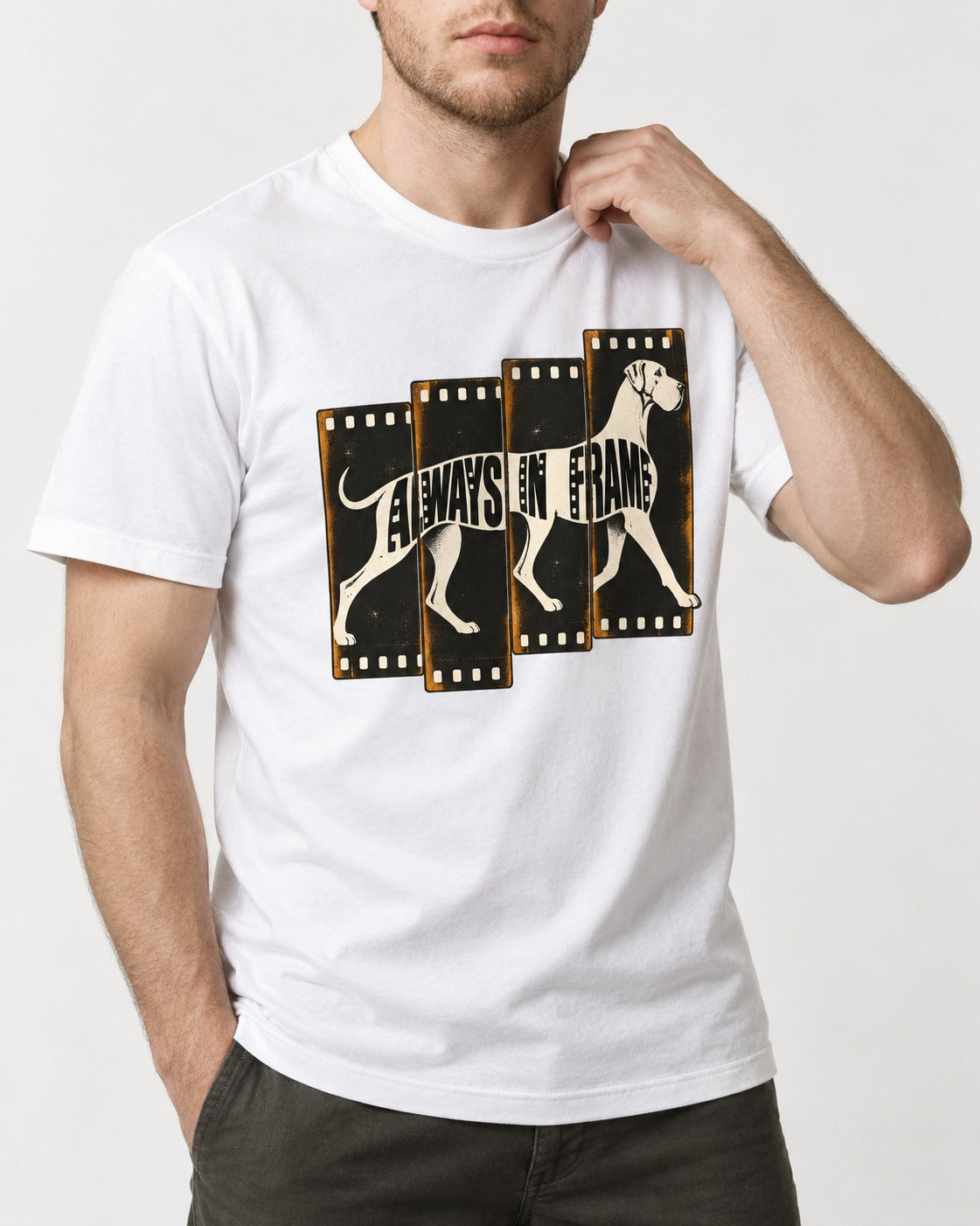 Great Dane Always in Frame T-Shirt in White, worn by a model, front view