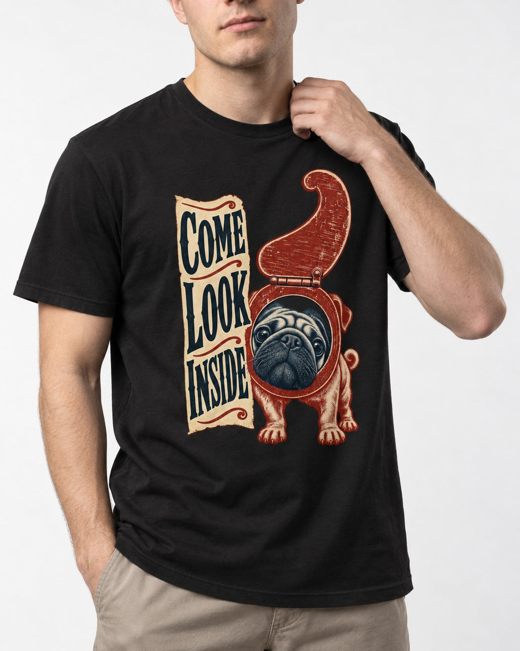 Pug Come Look Inside Toilet Seat Graphic T-Shirt in Black, worn by a model, front view