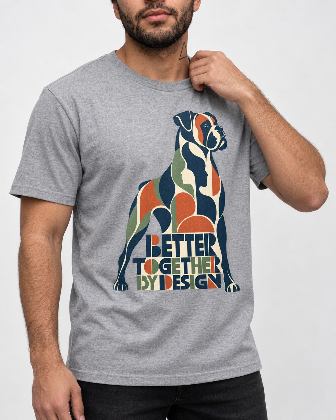 Better Together By Design Boxer Geometric Mosaic T-Shirt in Sport Grey, worn by a model, front view