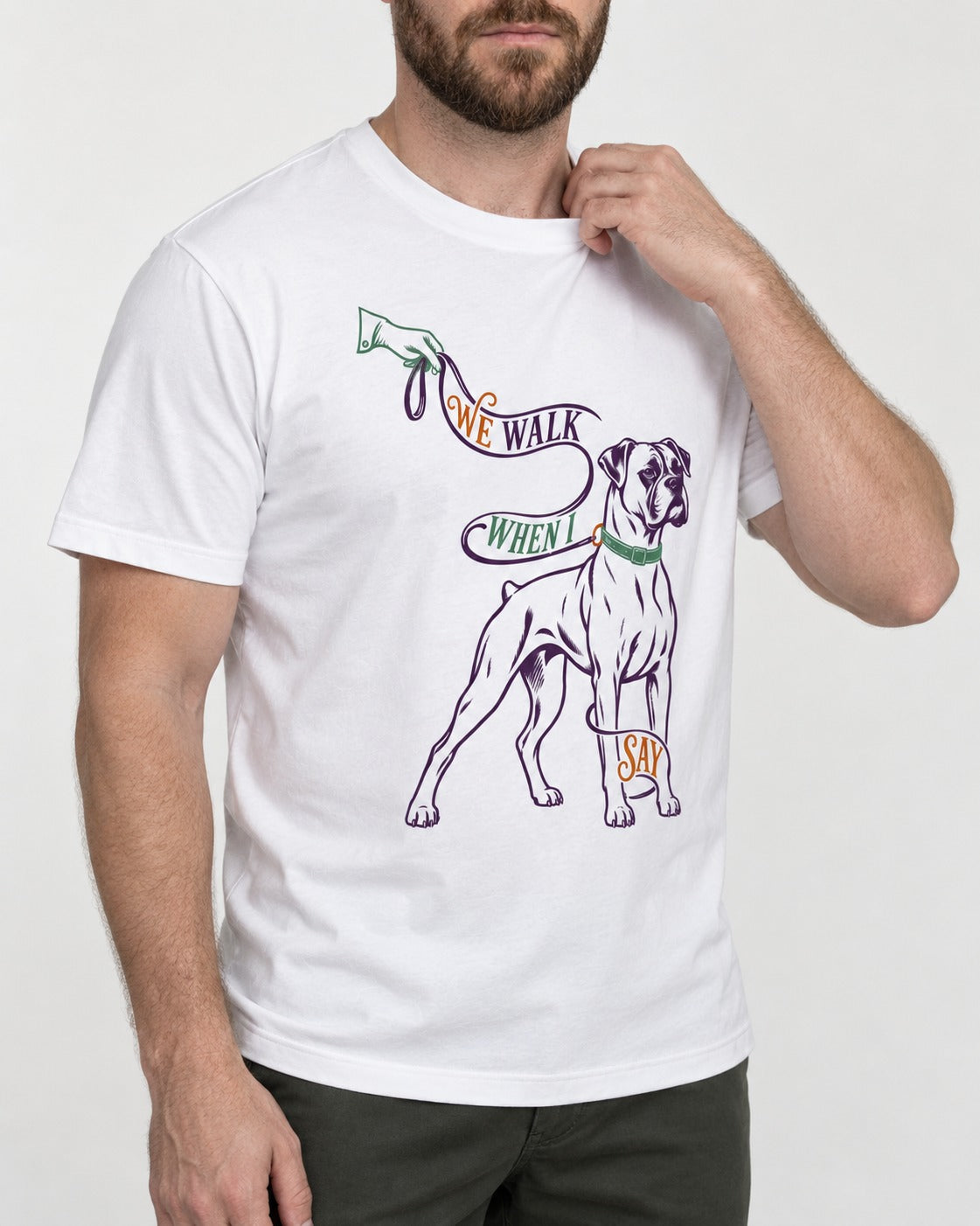 Boxer When I Say T-Shirt in White, worn by a model, front view