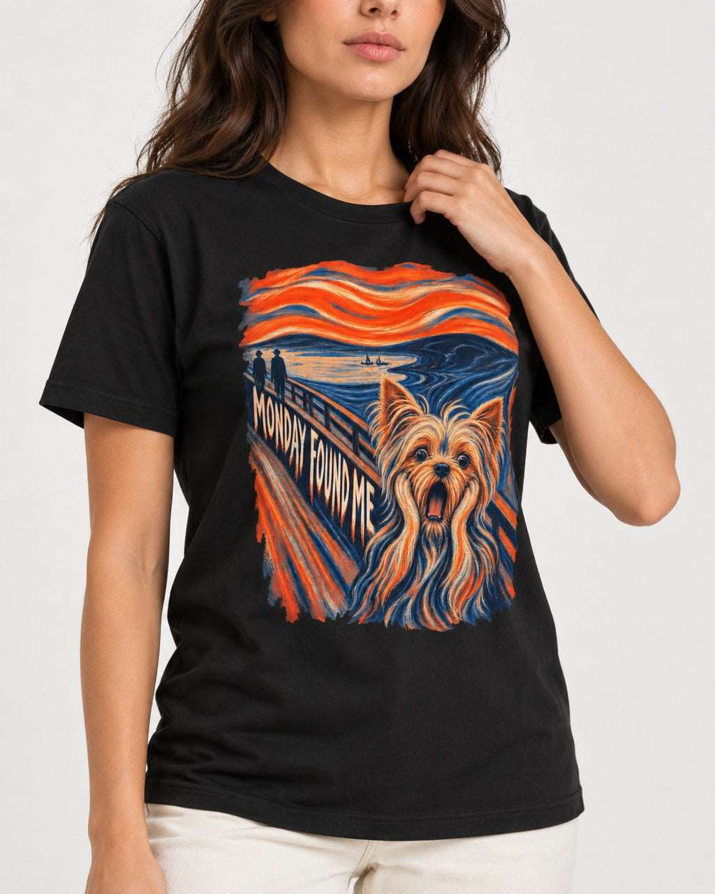 Yorkshire Terrier Monday Found Me Scream Parody Graphic T-Shirt in Black, worn by a model, front view