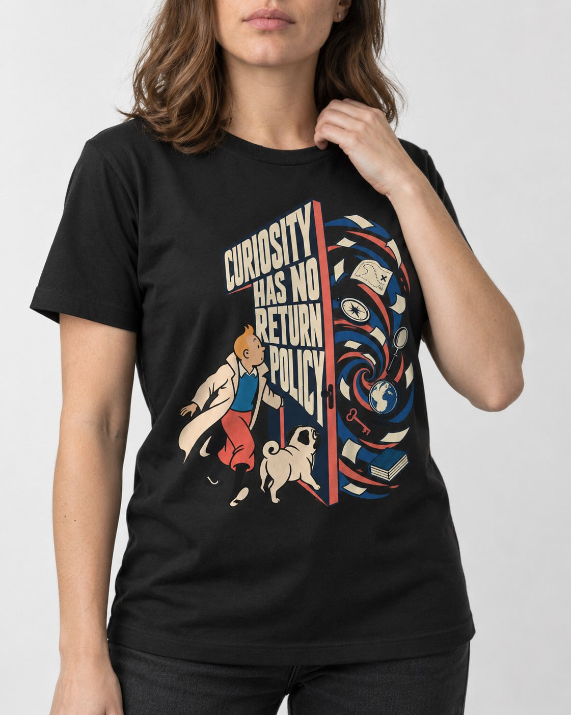 Pug Curiosity Has No Return Policy Portal Graphic T-Shirt in Black, worn by a model, front view