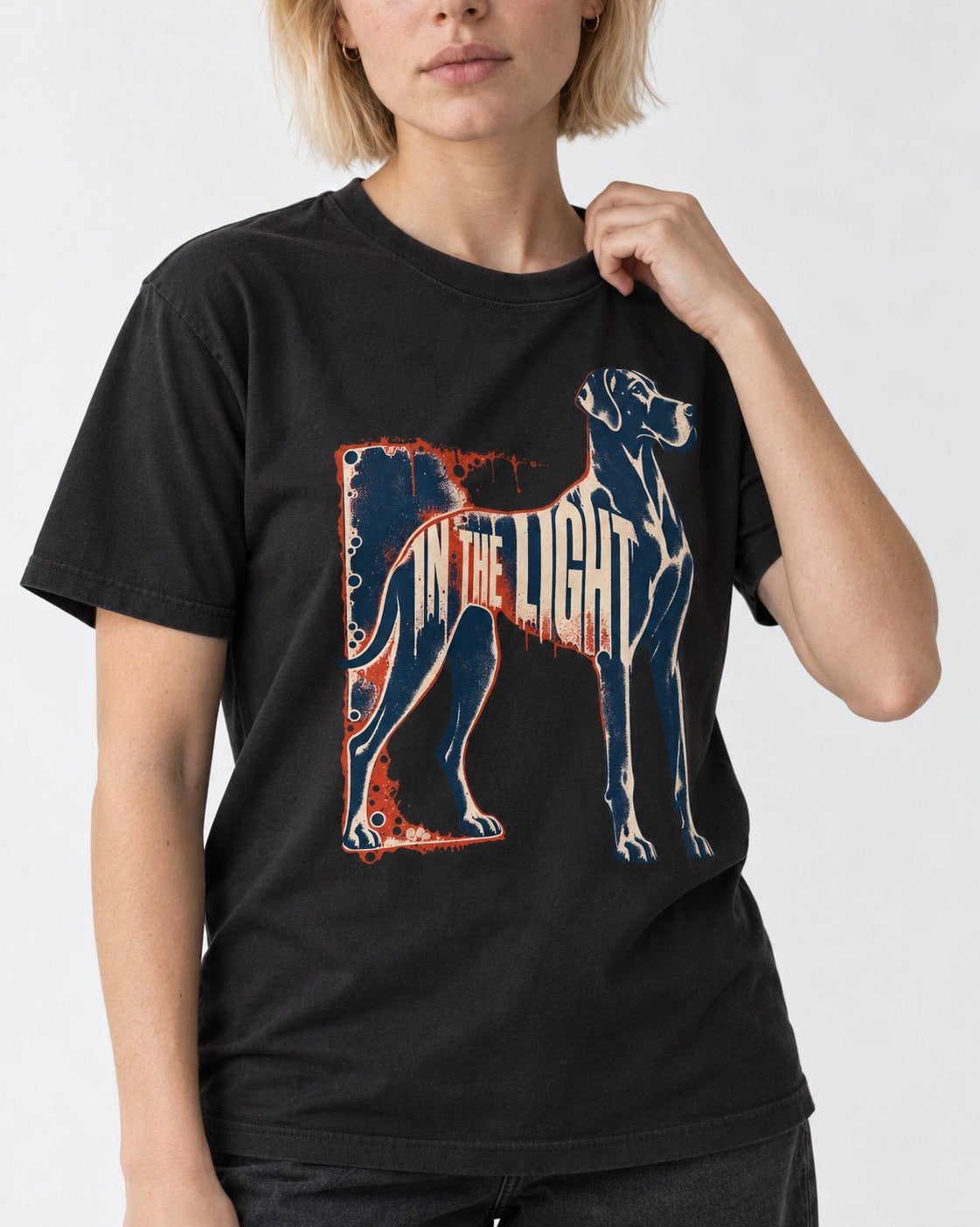 Great Dane In the Light Industrial Frame Graphic T-Shirt in Black, worn by a model, front view