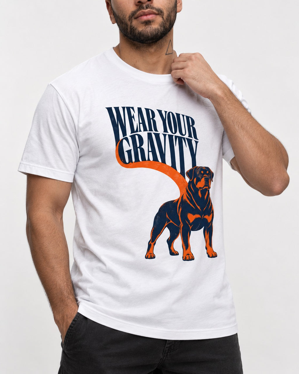 Wear Your Gravity Rottweiler T-Shirt in White, worn by a model, front view