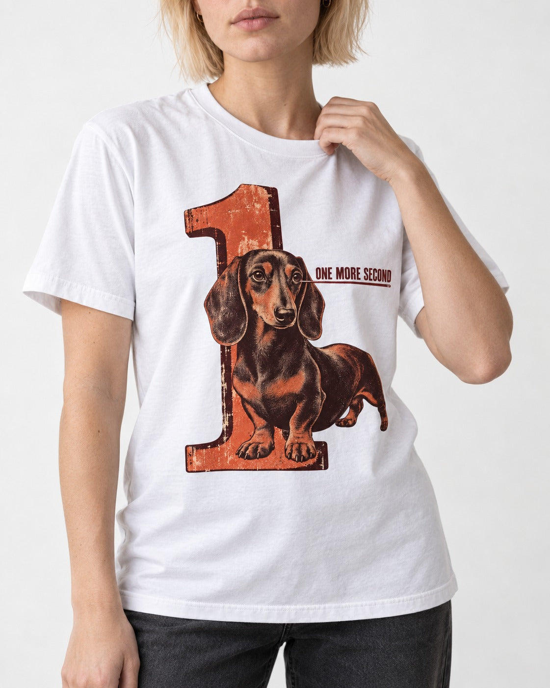 One More Second Dachshund T-Shirt in White, worn by a model, front view