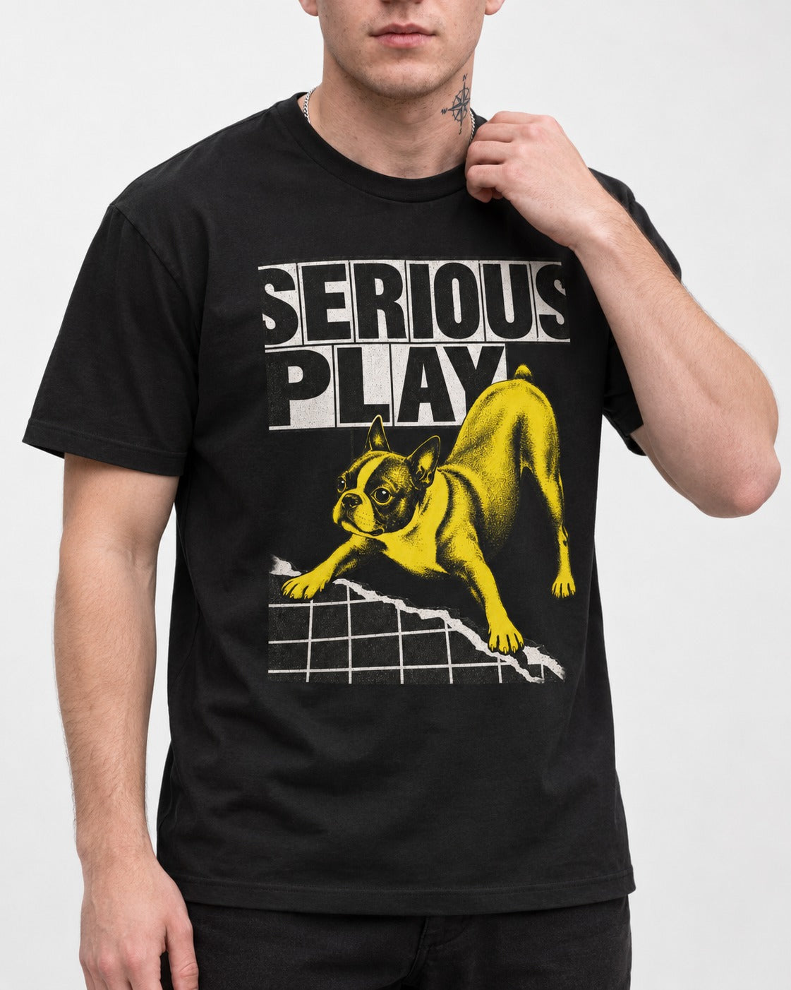 Boston Terrier Serious Play Agility Graphic T-Shirt in Black, worn by a model, front view