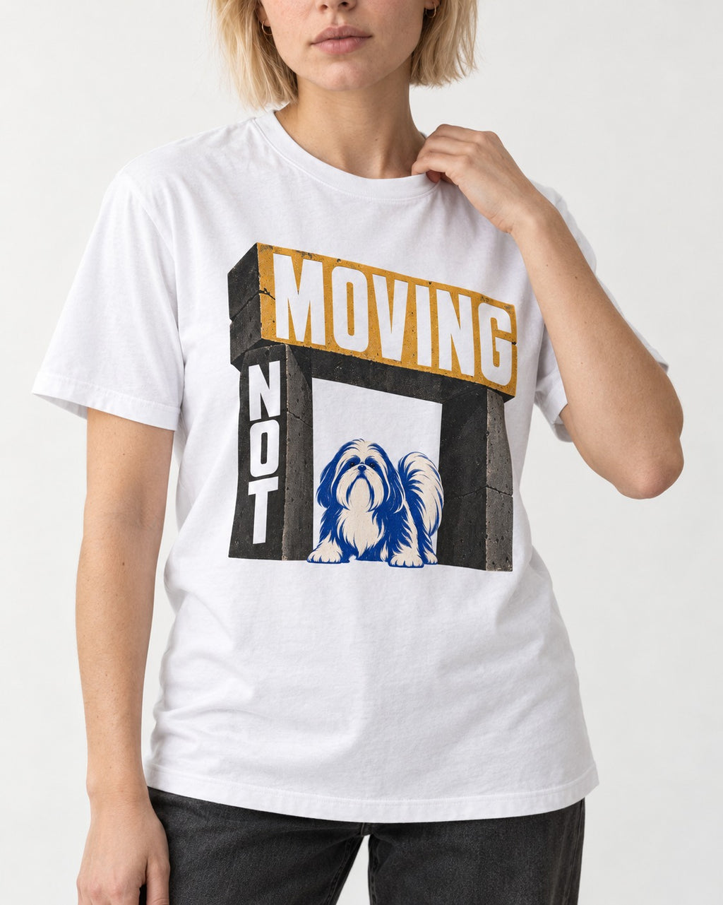 Not Moving Shih Tzu T-Shirt in White, worn by a model, front view