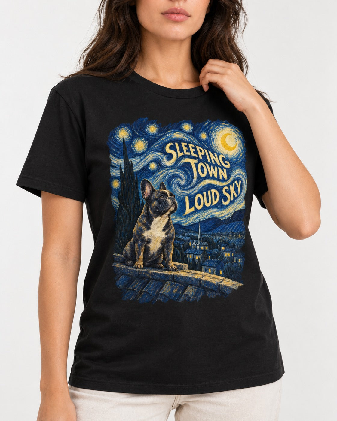 Frenchie Sleeping Town Loud Sky Rooftop Graphic T-Shirt in Black, worn by a model, front view