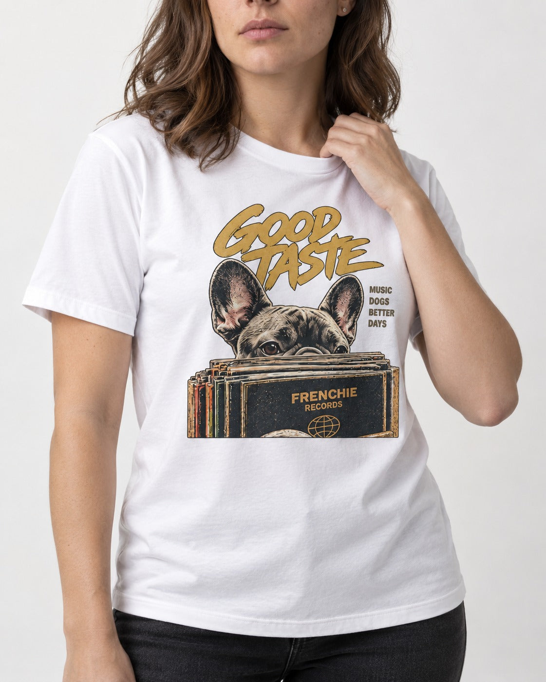 Frenchie's Good Taste T-Shirt in White, worn by a model, front view