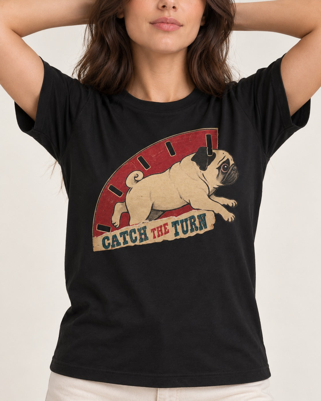 Pug Catch the Turn Track Graphic T-Shirt in Black, worn by a model, front view