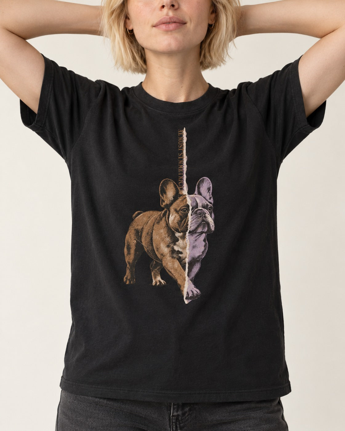 Frenchie Almost Symmetrical Torn Split Graphic T-Shirt in Black, worn by a model, front view