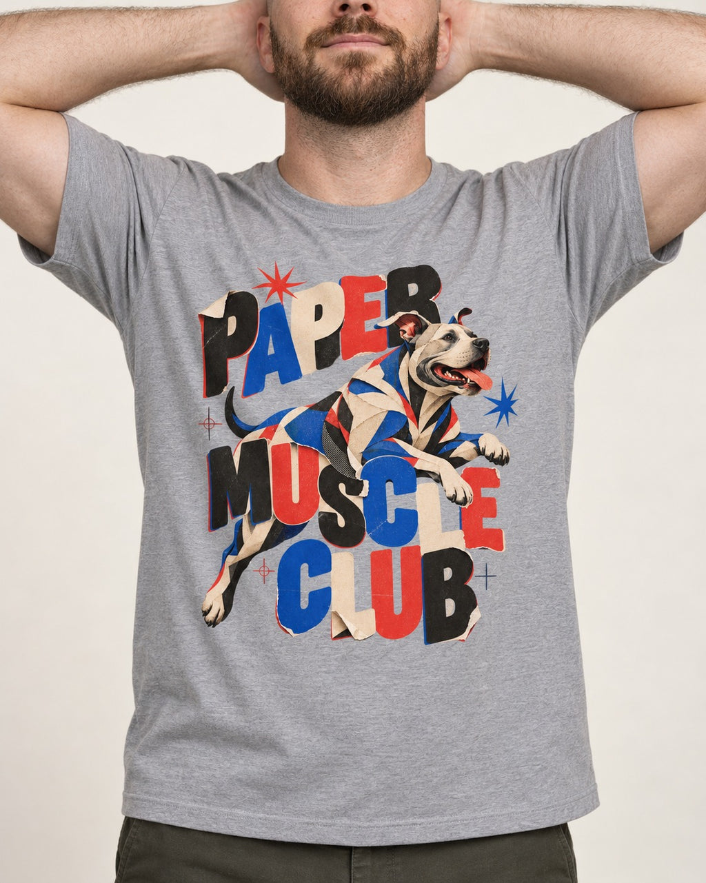 Pitbull Paper Muscle Club Collage Graphic T-Shirt in Sport Grey, worn by a model, front view