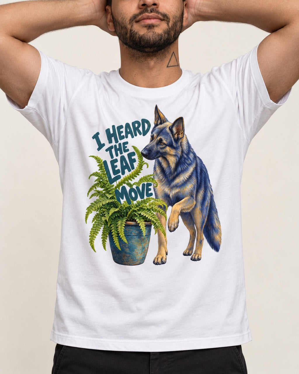 German Shepherd Dog Heard the Leaf Move T-Shirt in White, worn by a model, front view