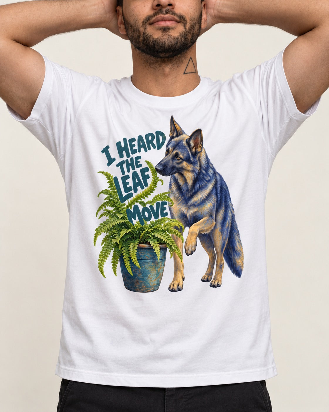 German Shepherd Dog Heard the Leaf Move T-Shirt in White, worn by a model, front view