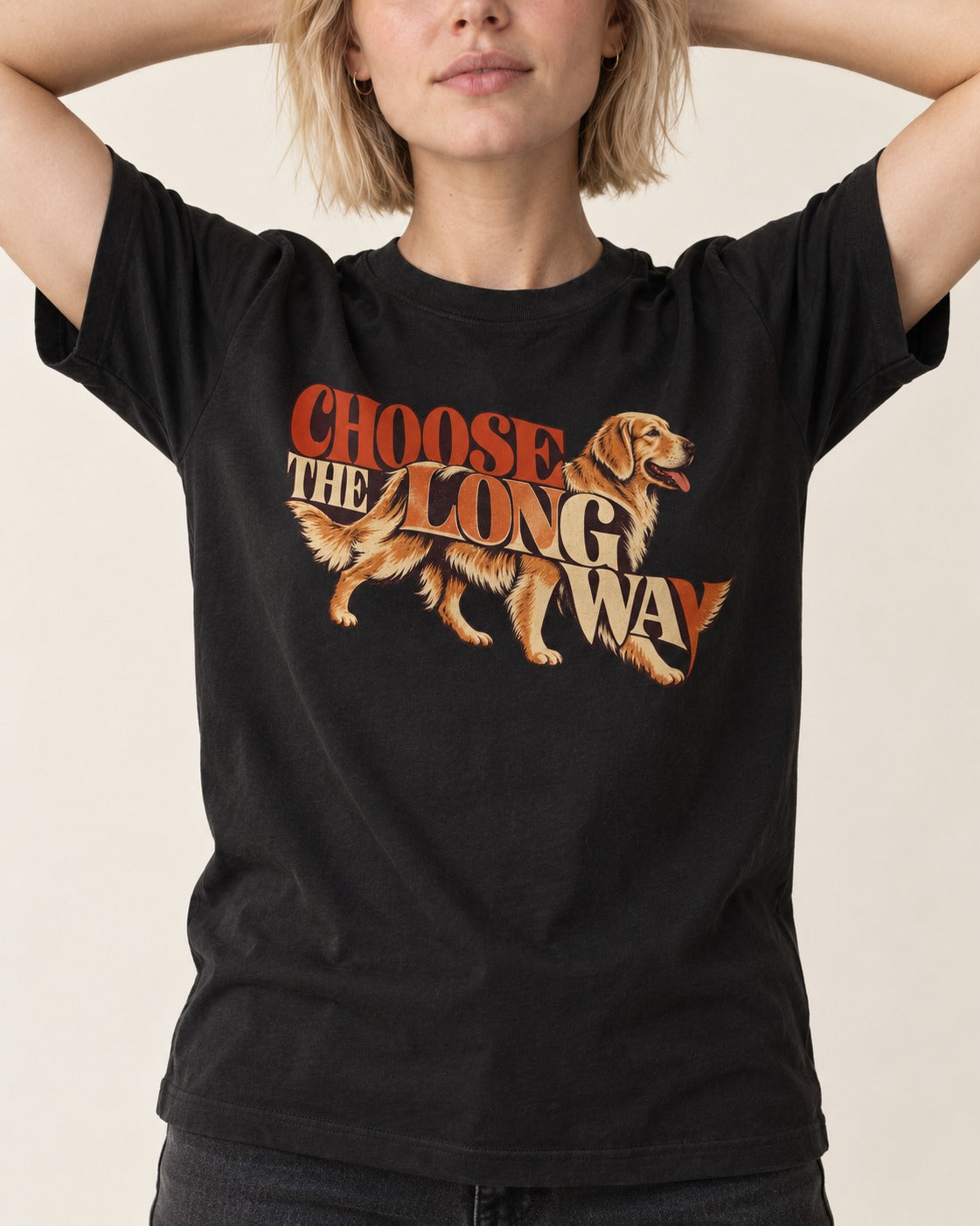 Golden Retriever Choose The Long Way Retro Graphic T-Shirt in Black, worn by a model, front view