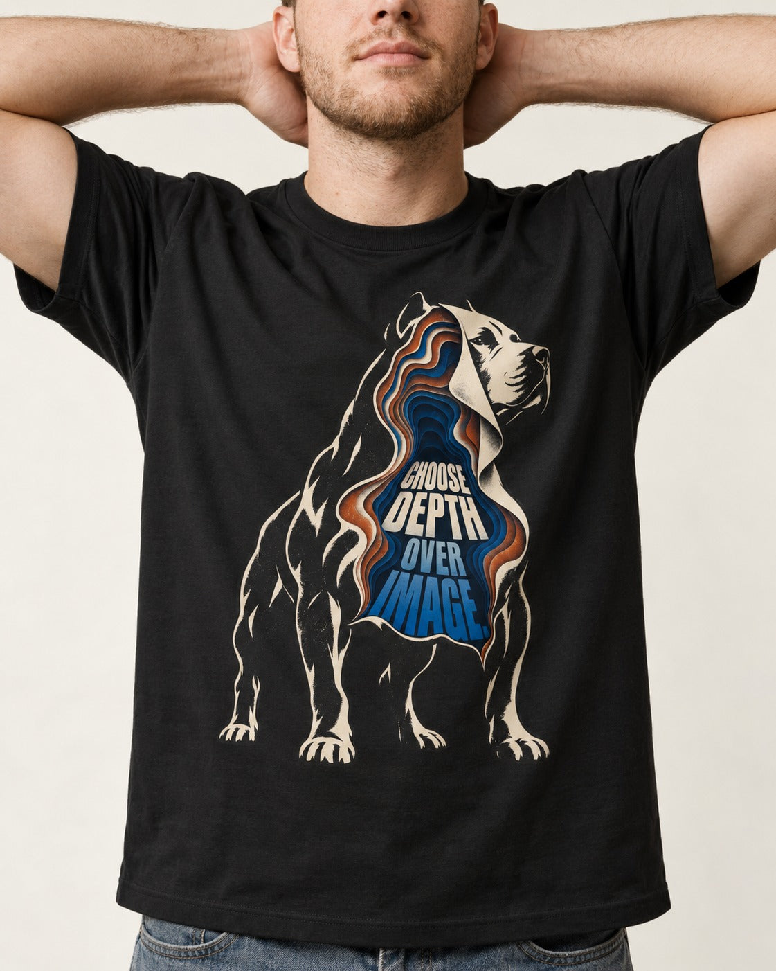 Pitbull Choose Depth Over Image Layered Cutaway Graphic T-Shirt in Black, worn by a model, front view