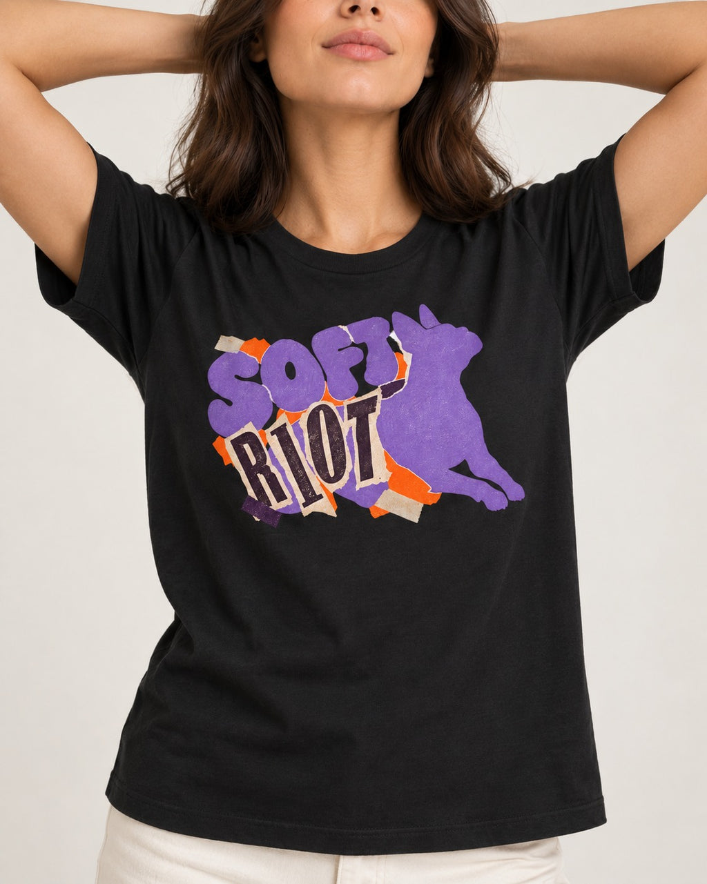 Soft Riot Boston Terrier Graphic T-Shirt in Black, worn by a model, front view