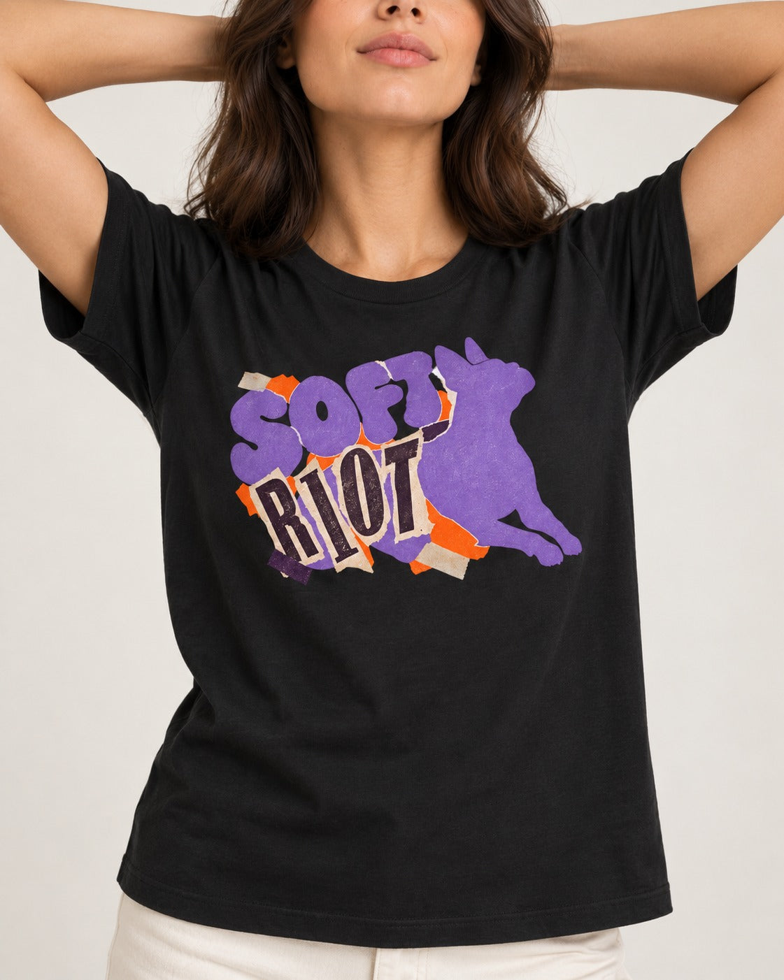 Soft Riot Boston Terrier Graphic T-Shirt in Black, worn by a model, front view