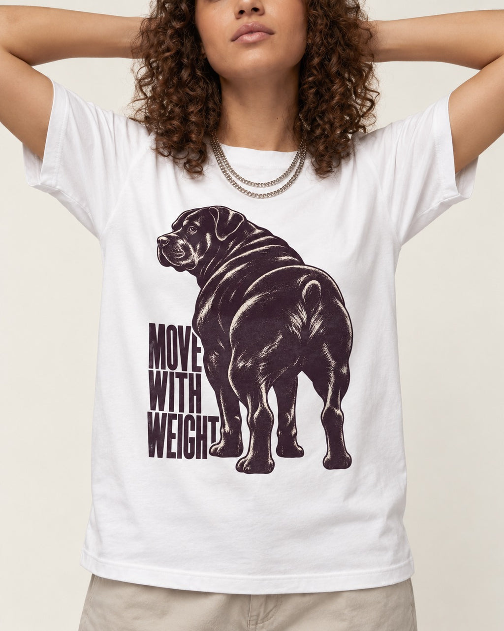 Rottweiler Moves with Weight T-Shirt in White, worn by a model, front view