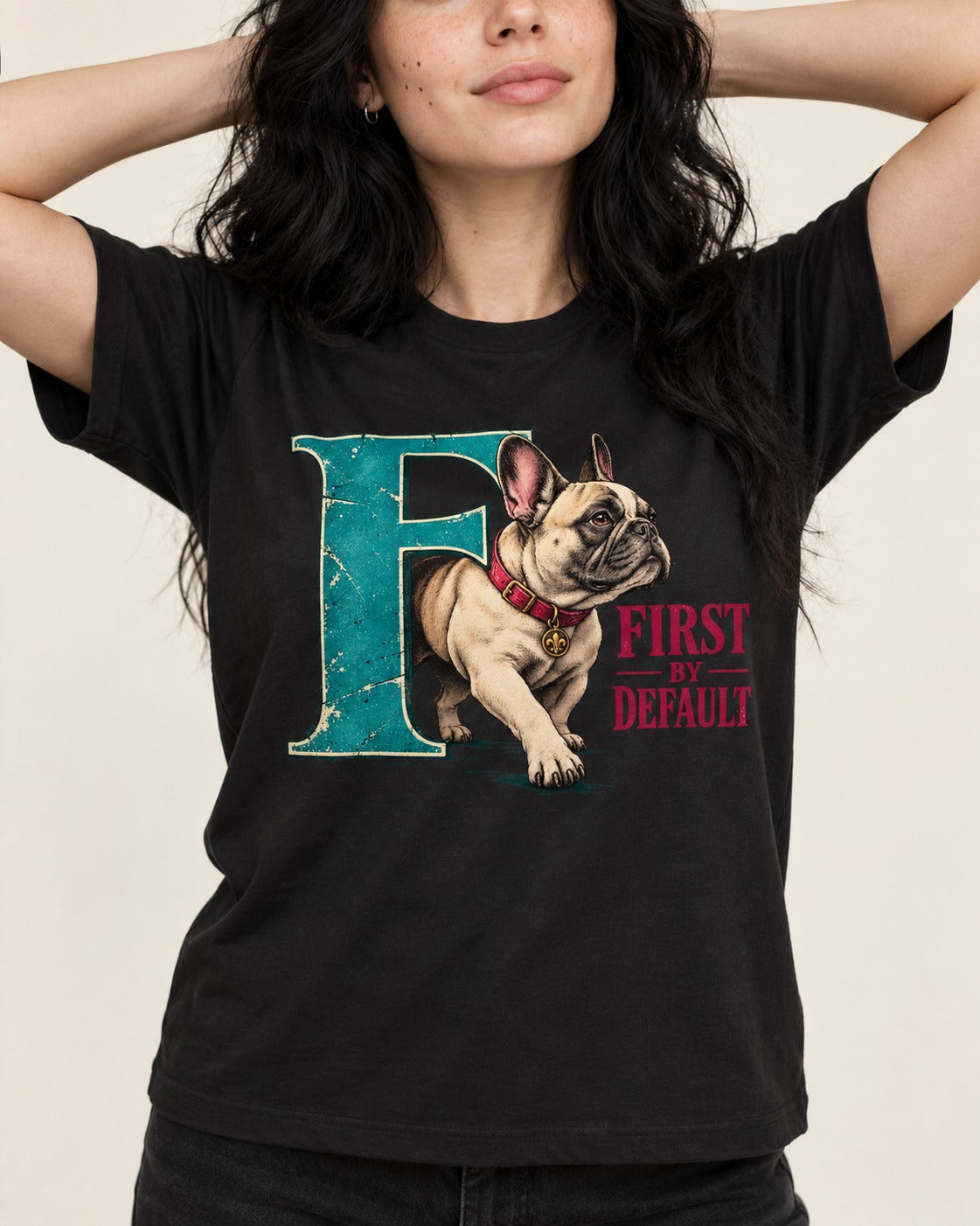 Frenchie First by Default Teal F Graphic T-Shirt in Black, worn by a model, front view