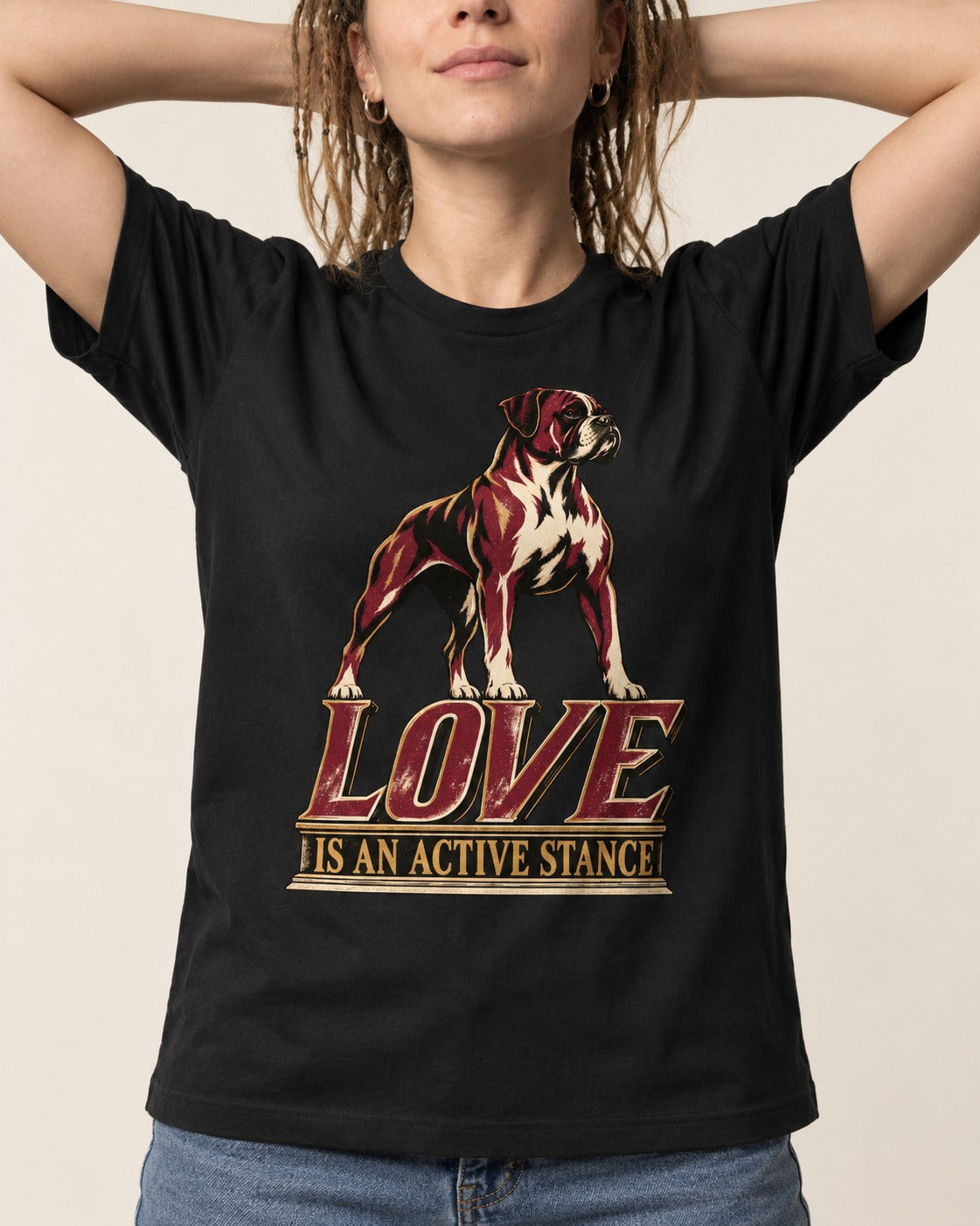 Love Is an Active Stance Boxer Pedestal Graphic T-Shirt in Black, worn by a model, front view