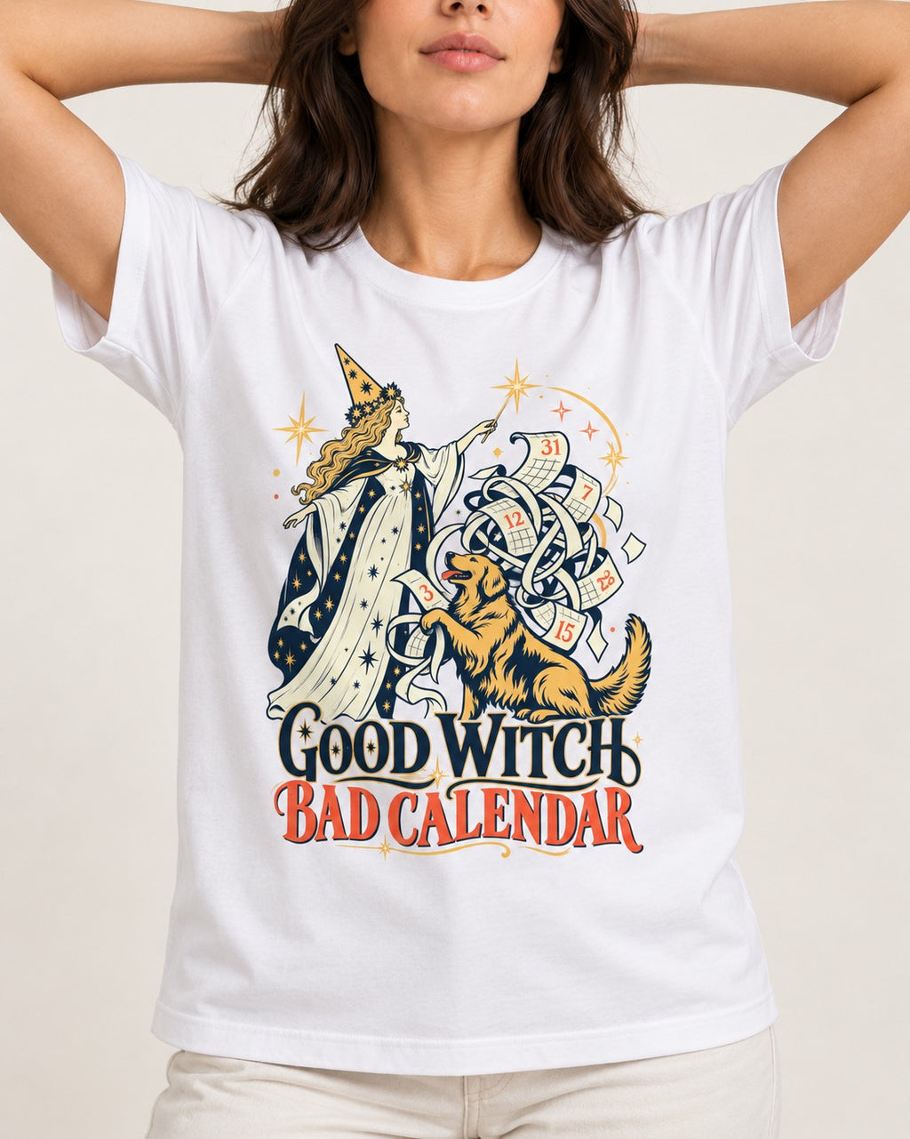 Good Witch Bad Calendar Golden Retriever T-Shirt in White, worn by a model, front view
