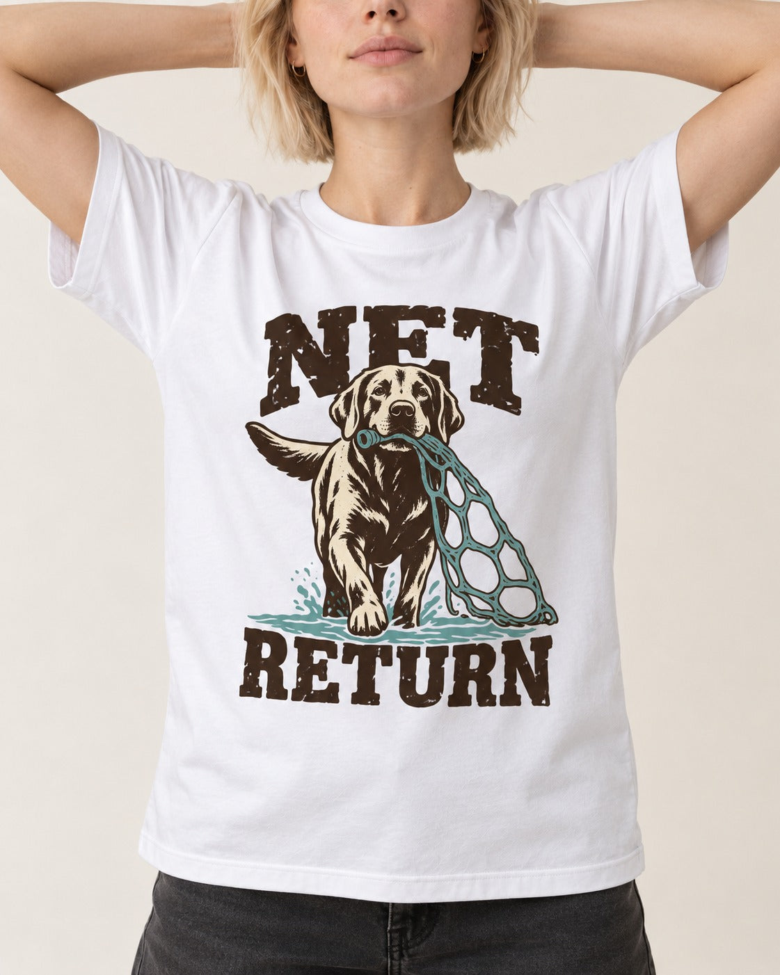Net Return Labrador Retriever T-Shirt in White, worn by a model, front view