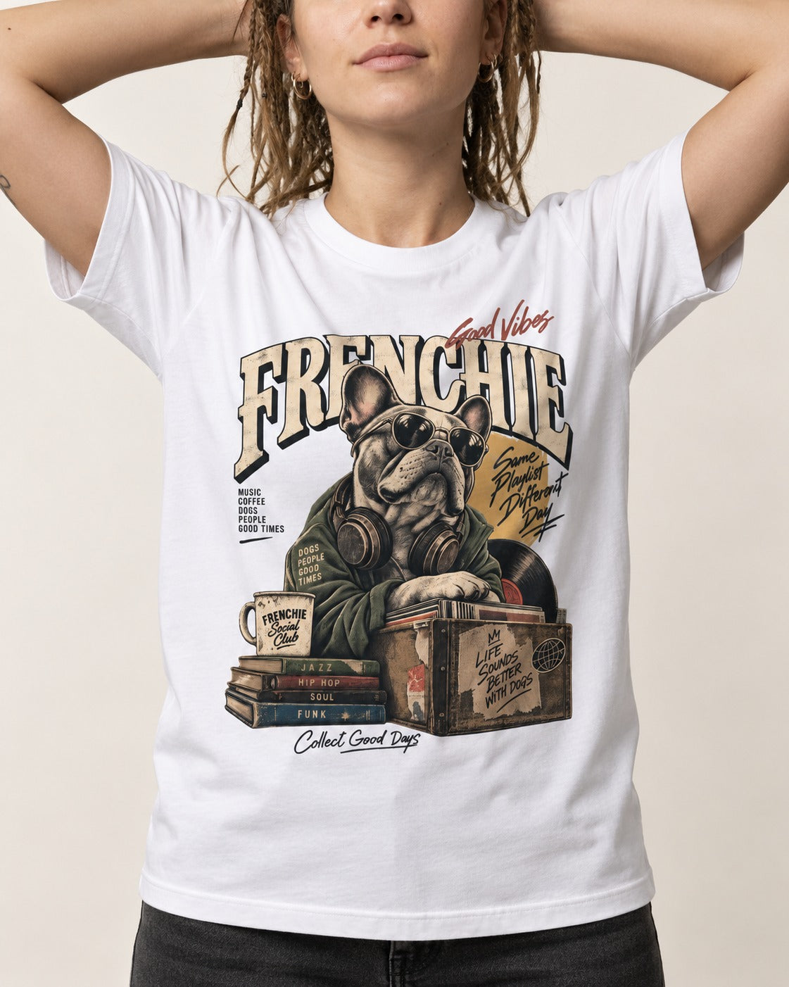 Frenchie Social Club T-Shirt in White, worn by a model, front view