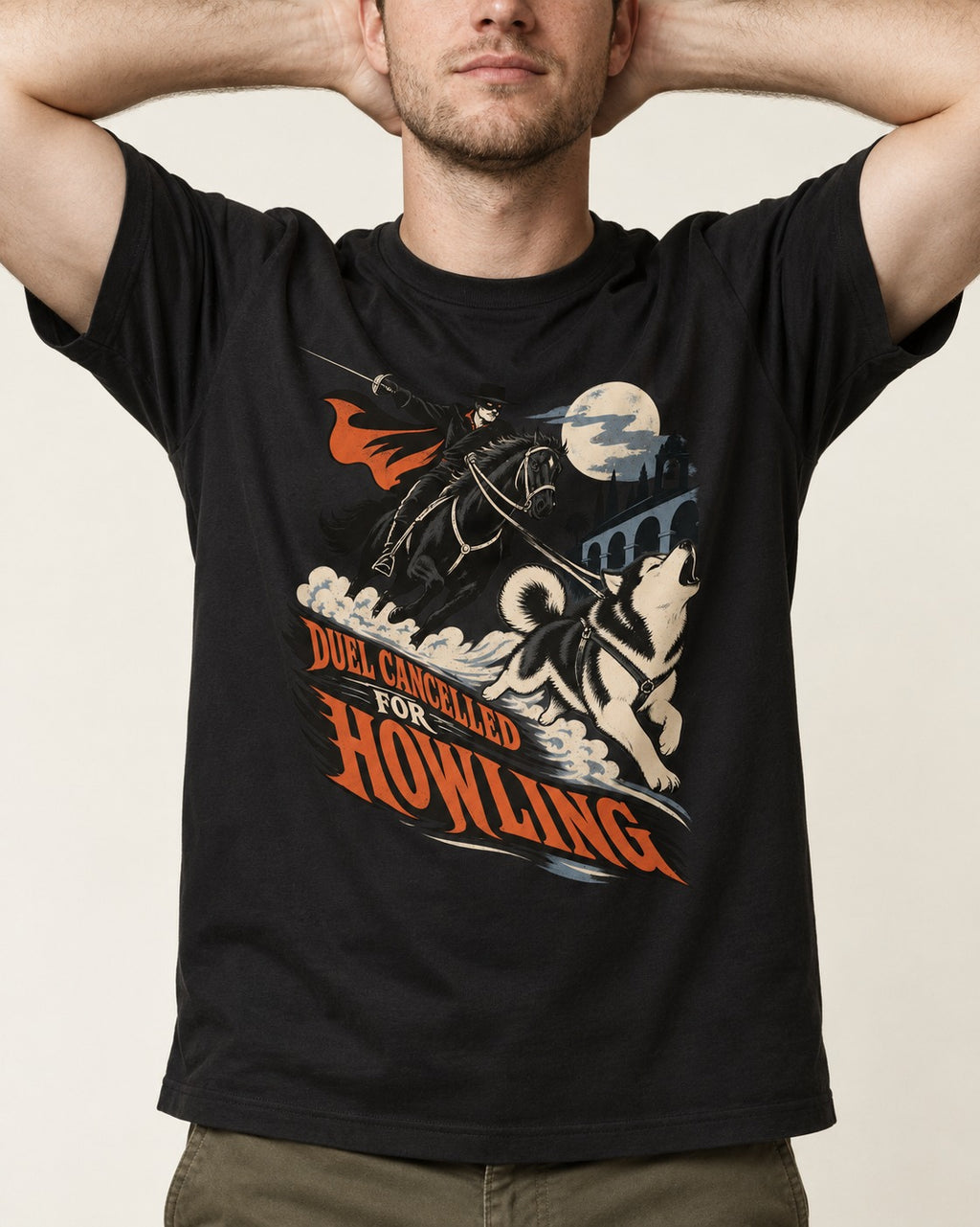 Husky Duel Cancelled for Howling Masked Rider Graphic T-Shirt in Black, worn by a model, front view