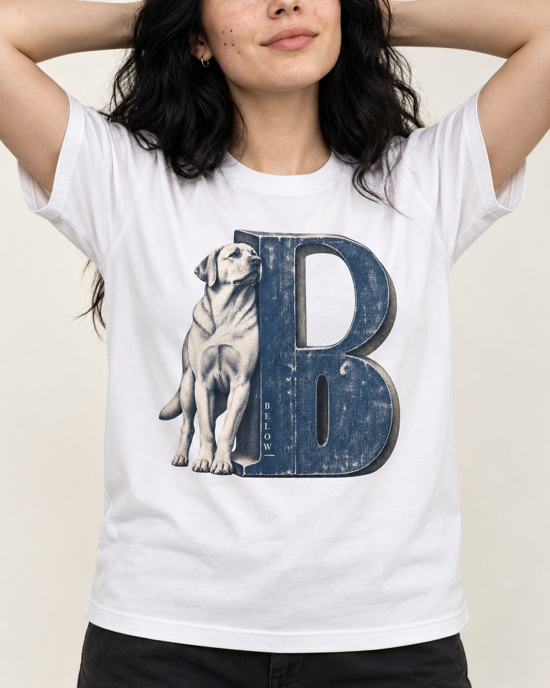 Labrador Retriever Below T-Shirt in White, worn by a model, front view