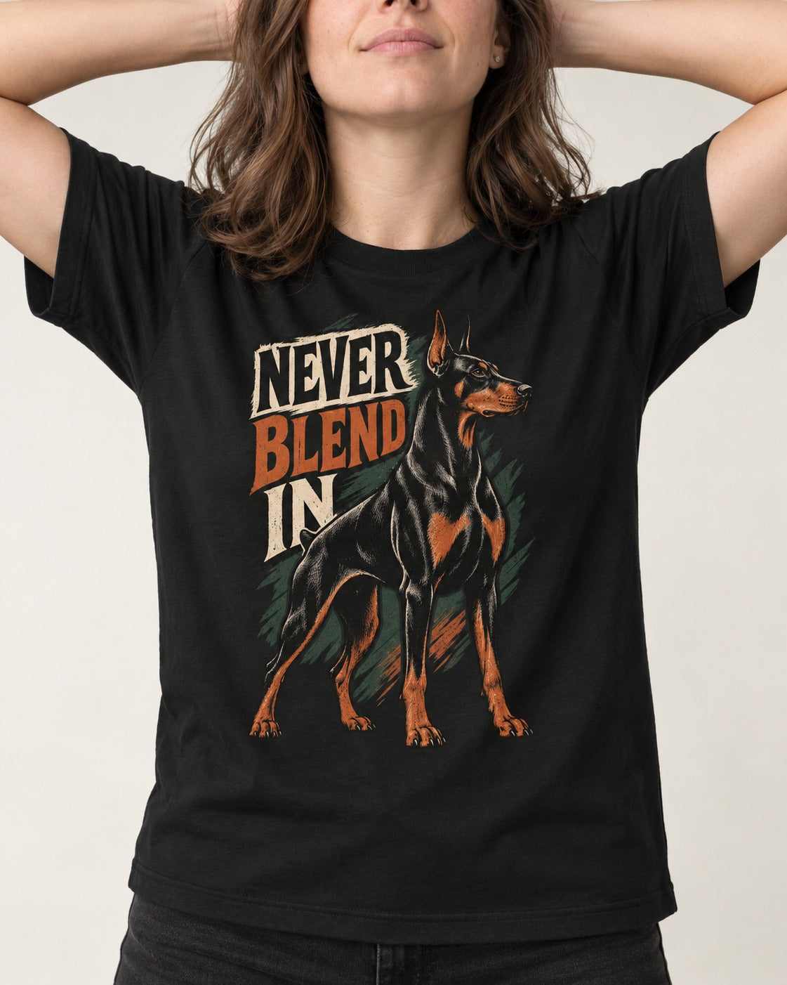Doberman Never Blend In Brush Graphic T-Shirt in Black, worn by a model, front view