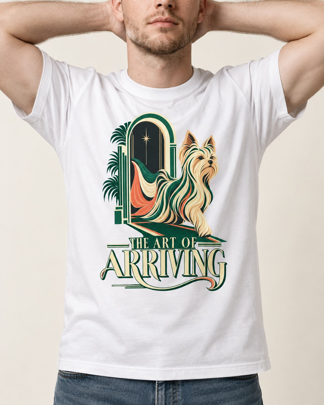 Yorkshire Terrier Arriving T-Shirt in White, worn by a model, front view