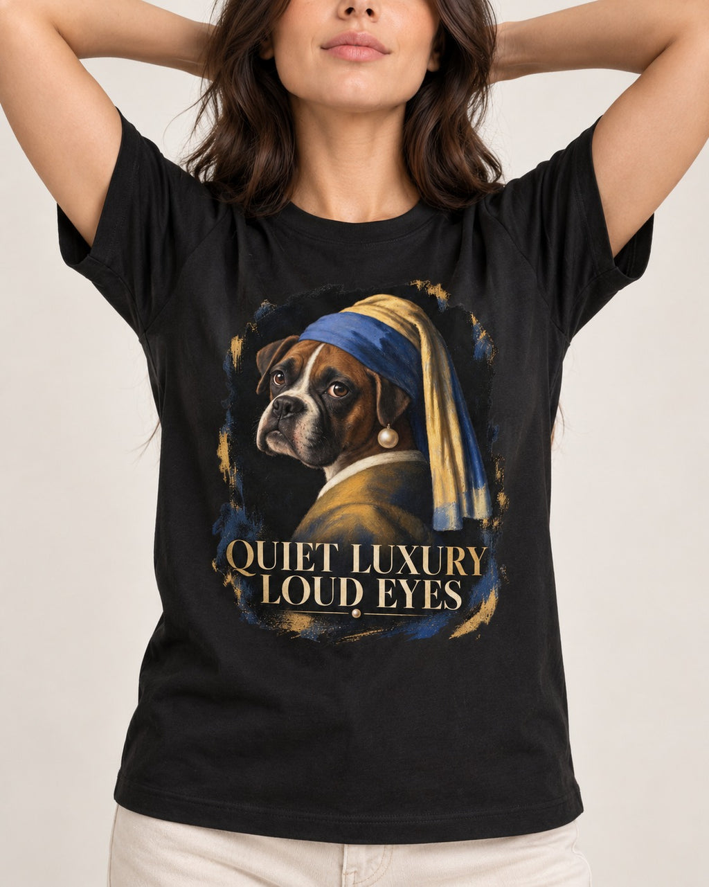 Quiet Luxury Loud Eyes Boxer Pearl Portrait T-Shirt in Black, worn by a model, front view