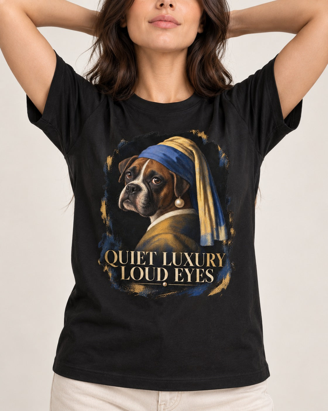 Quiet Luxury Loud Eyes Boxer Pearl Portrait T-Shirt in Black, worn by a model, front view