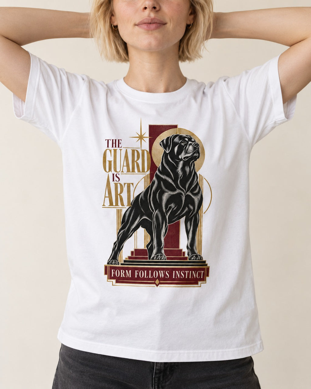 Rottweiler Form Follows Instinct T-Shirt in White, worn by a model, front view