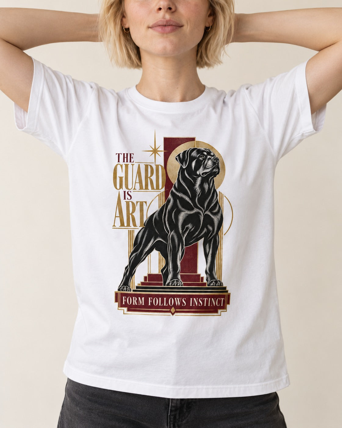 Rottweiler Form Follows Instinct T-Shirt in White, worn by a model, front view