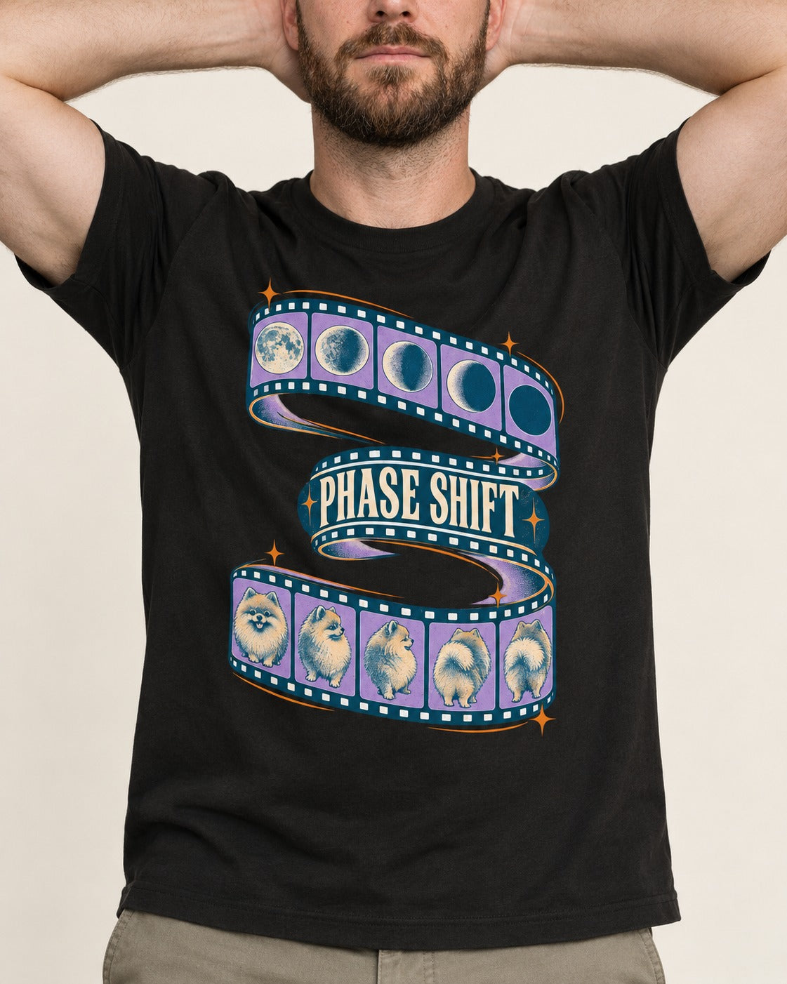 Pomeranian Phase Shift Filmstrip Graphic T-Shirt in Black, worn by a model, front view