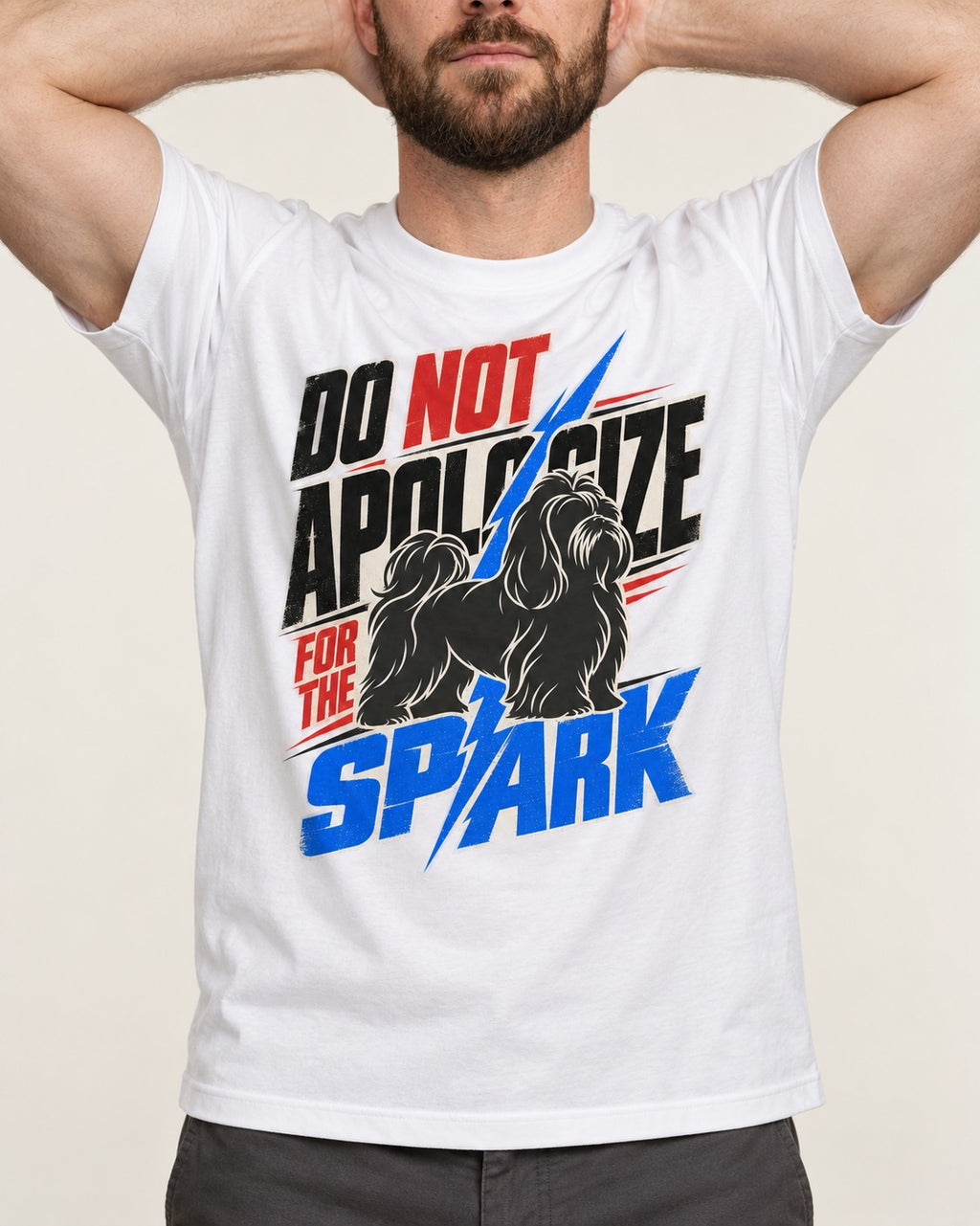 Never Apologize for Shih Tzu Spark T-Shirt in White, worn by a model, front view
