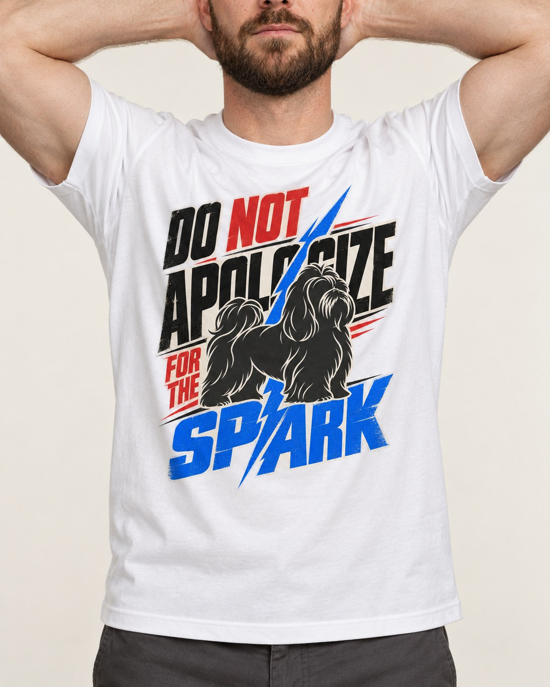 Never Apologize for Shih Tzu Spark T-Shirt in White, worn by a model, front view
