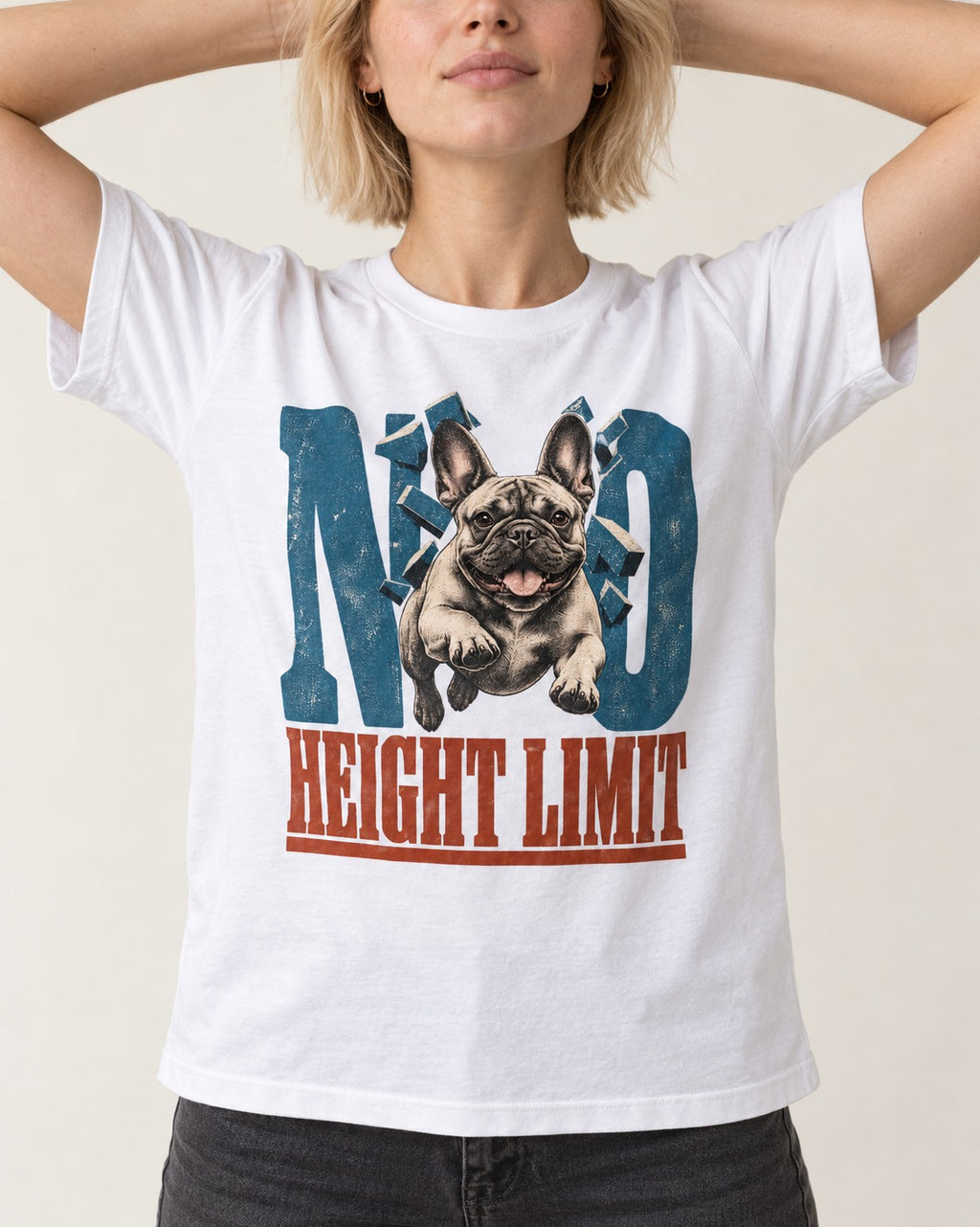 No Height Limit Frenchie T-Shirt in White, worn by a model, front view