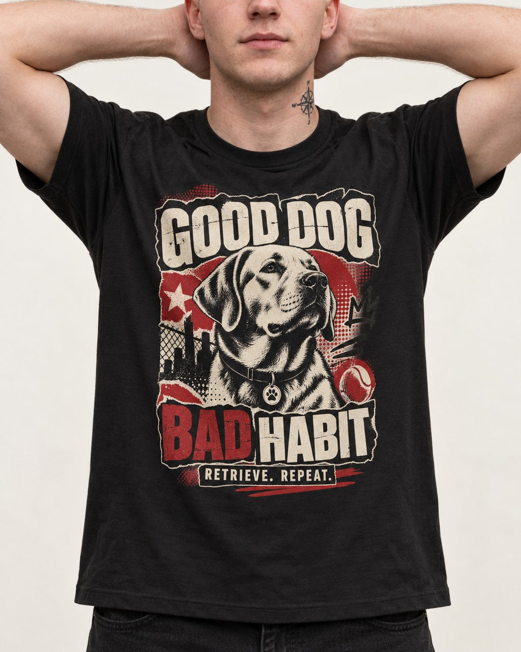 Labrador Retriever Good Dog Bad Habit Poster Graphic T-Shirt in Black, worn by a model, front view