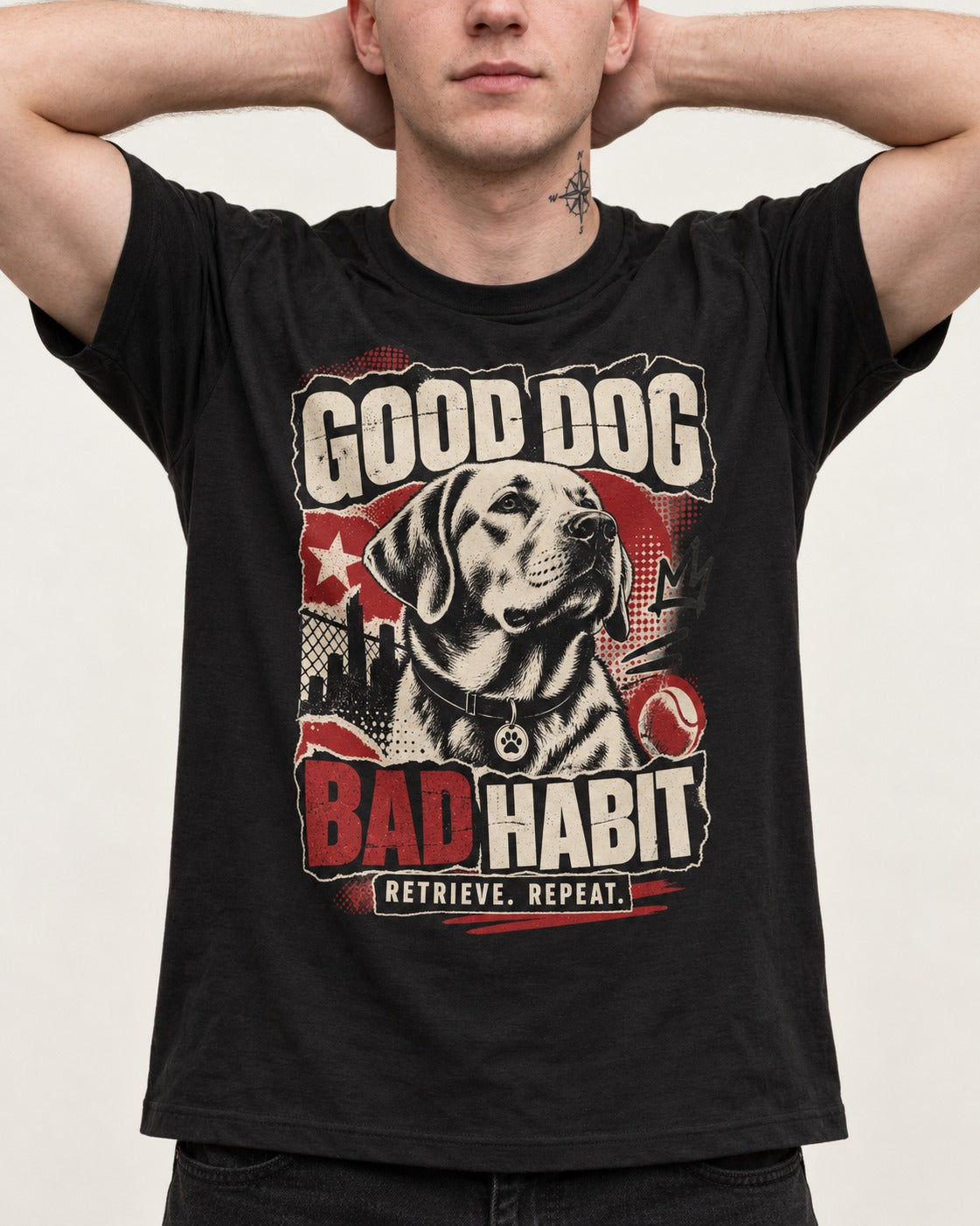 Labrador Retriever Good Dog Bad Habit Poster Graphic T-Shirt in Black, worn by a model, front view