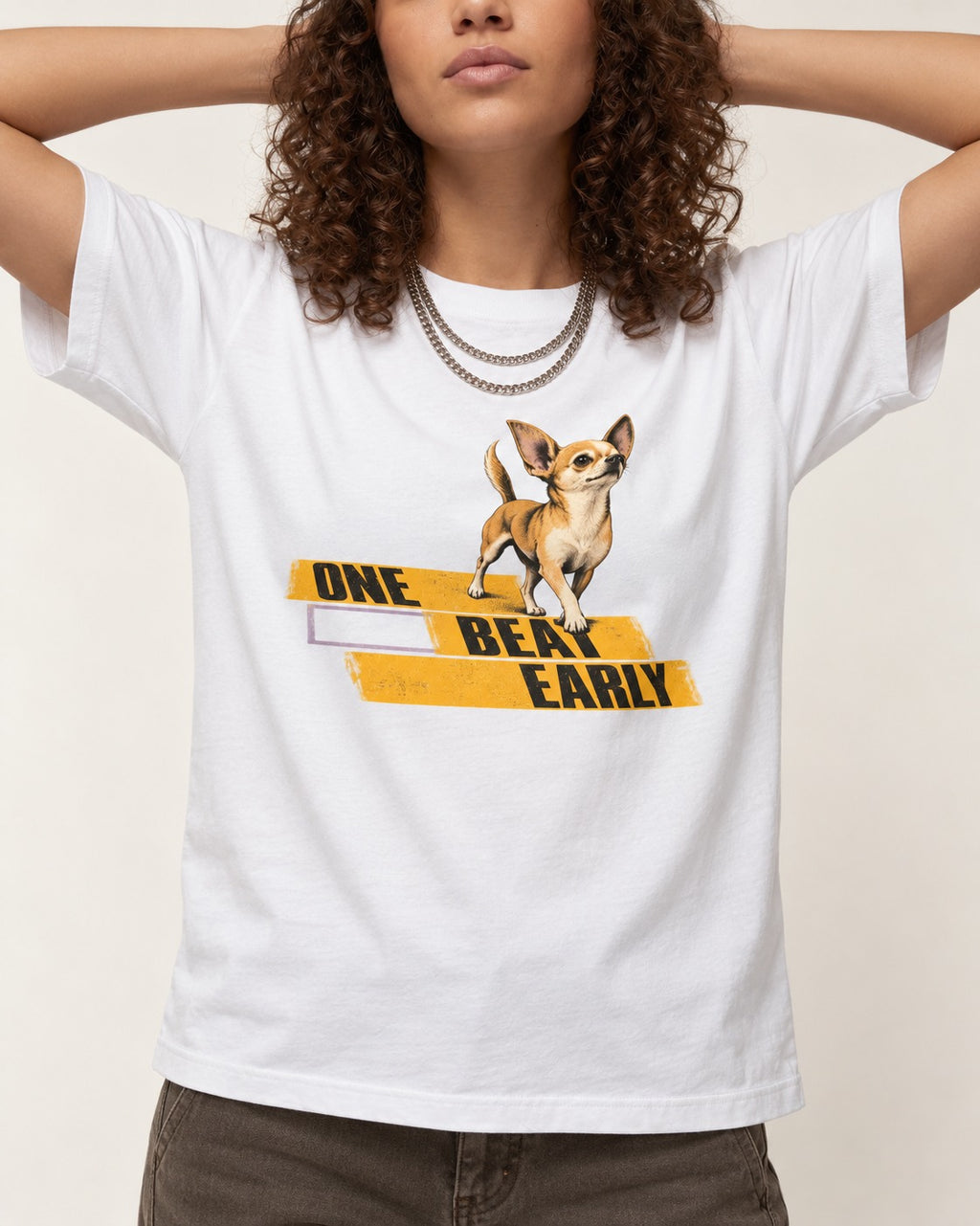 One Beat Early Chihuahua T-Shirt in White, worn by a model, front view