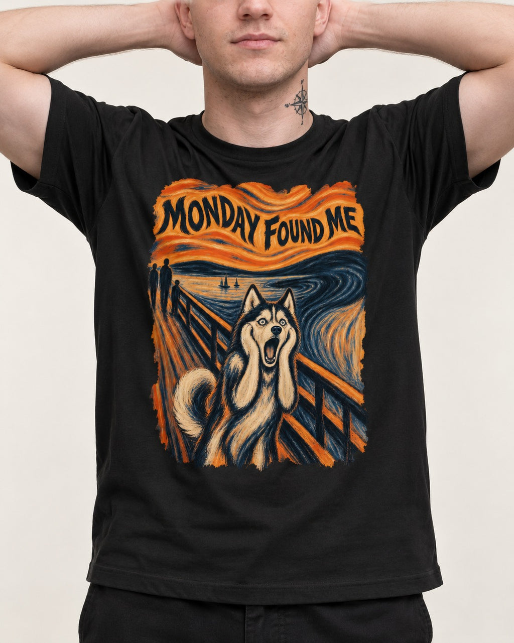 Husky Monday Found Me Scream Parody Graphic T-Shirt in Black, worn by a model, front view